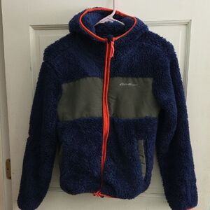 Eddie Bauer Blue and Green Fleece Jacket with Red Trim